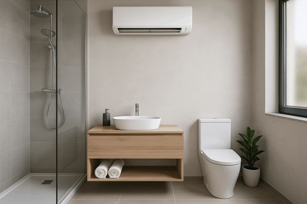badkamer-met-airco Foto van een badkamer met een douche en airco